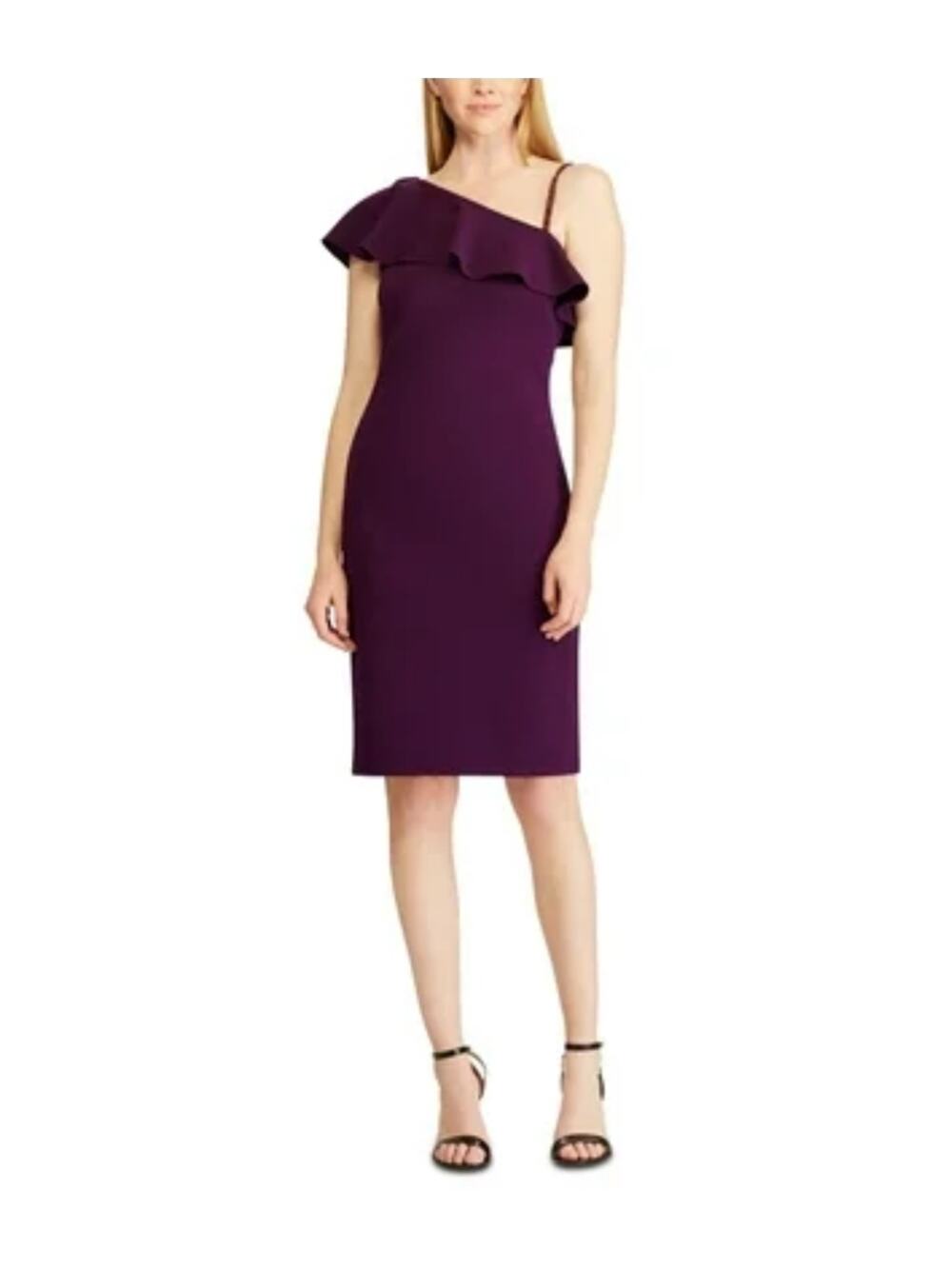 Ralph Lauren Purple Cocktail Dress Beaded One Shoulder Ruffled Sheath Size 14